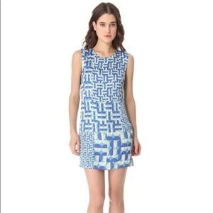 ADDISON womens blue silk geometric print sleeveless peekaboo shift dress size XS